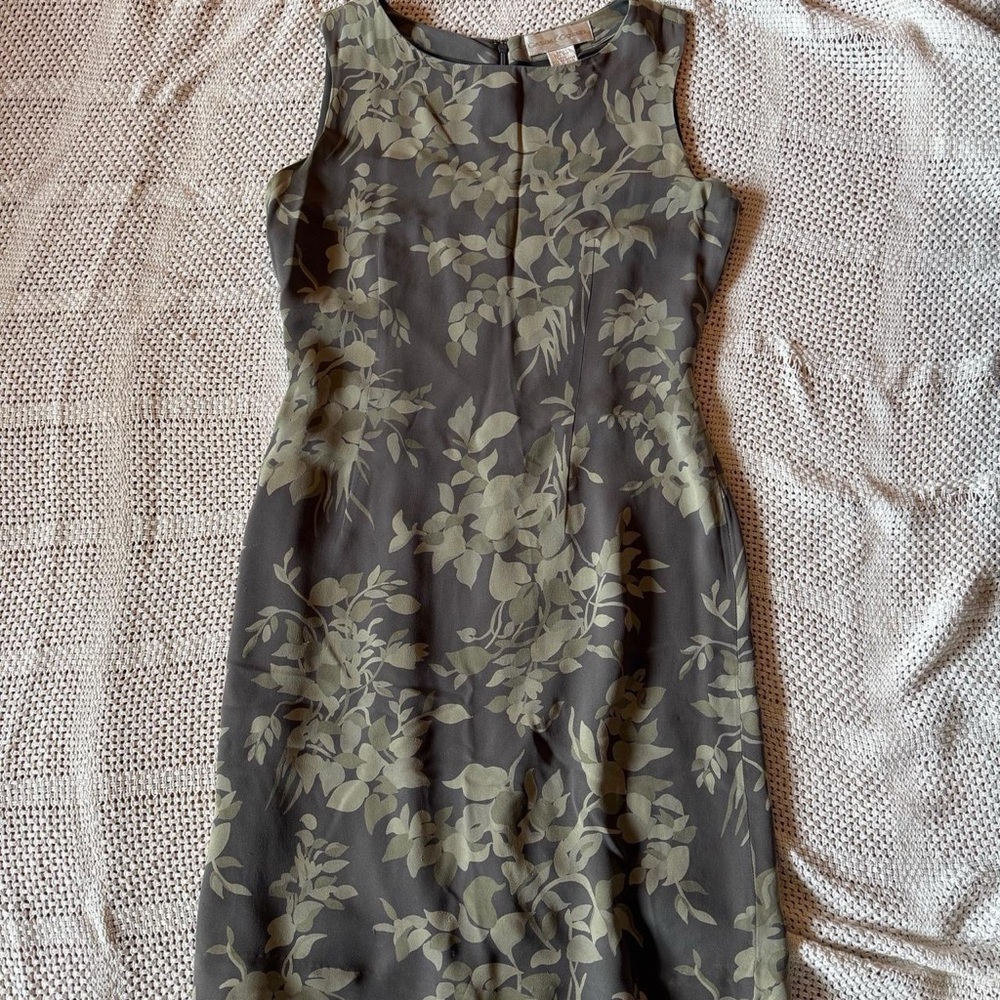 1990s Gray Beige Silk Floral Dress